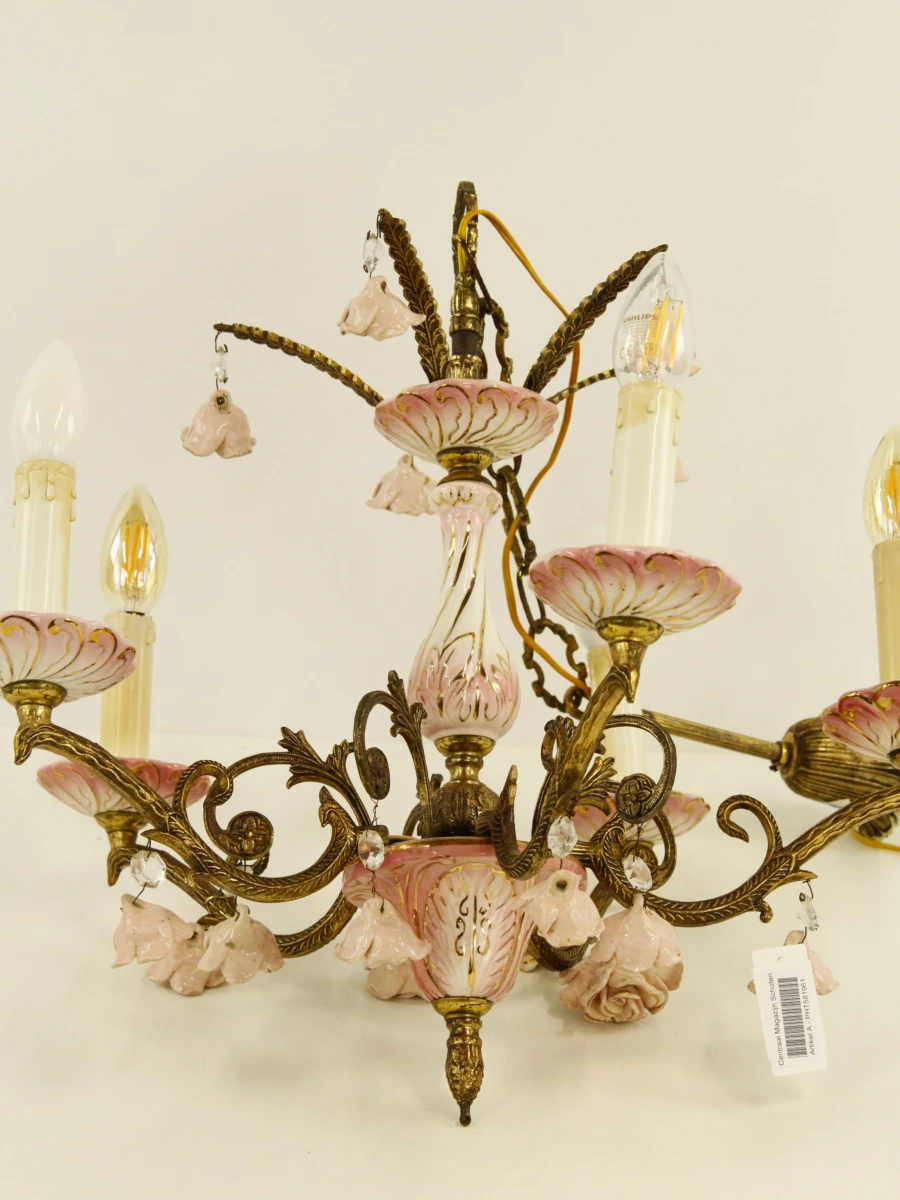 Vintage romantische kroonluchter  - 5-armig - roze porselein & messingkleurig metaal - bloemen - foto 15