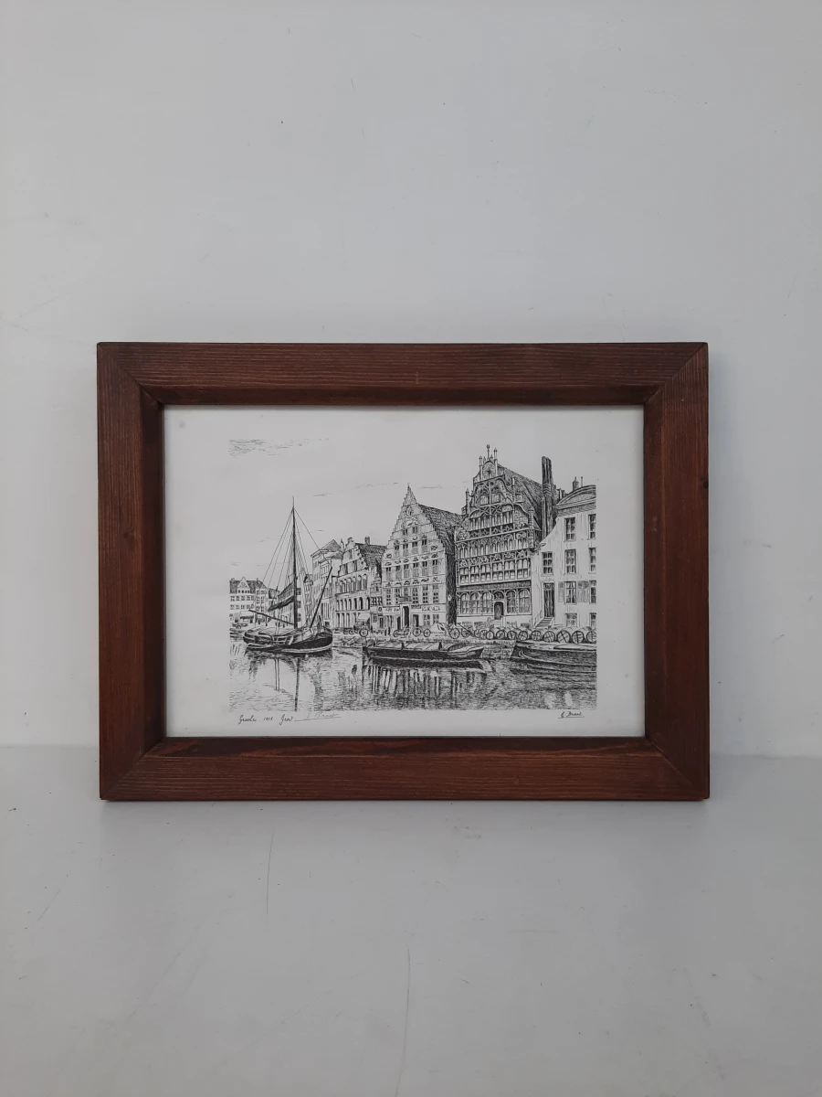 Ingelijste Penteekening / Ets "Graslei Gent 1918" – G. Braet – Vintage