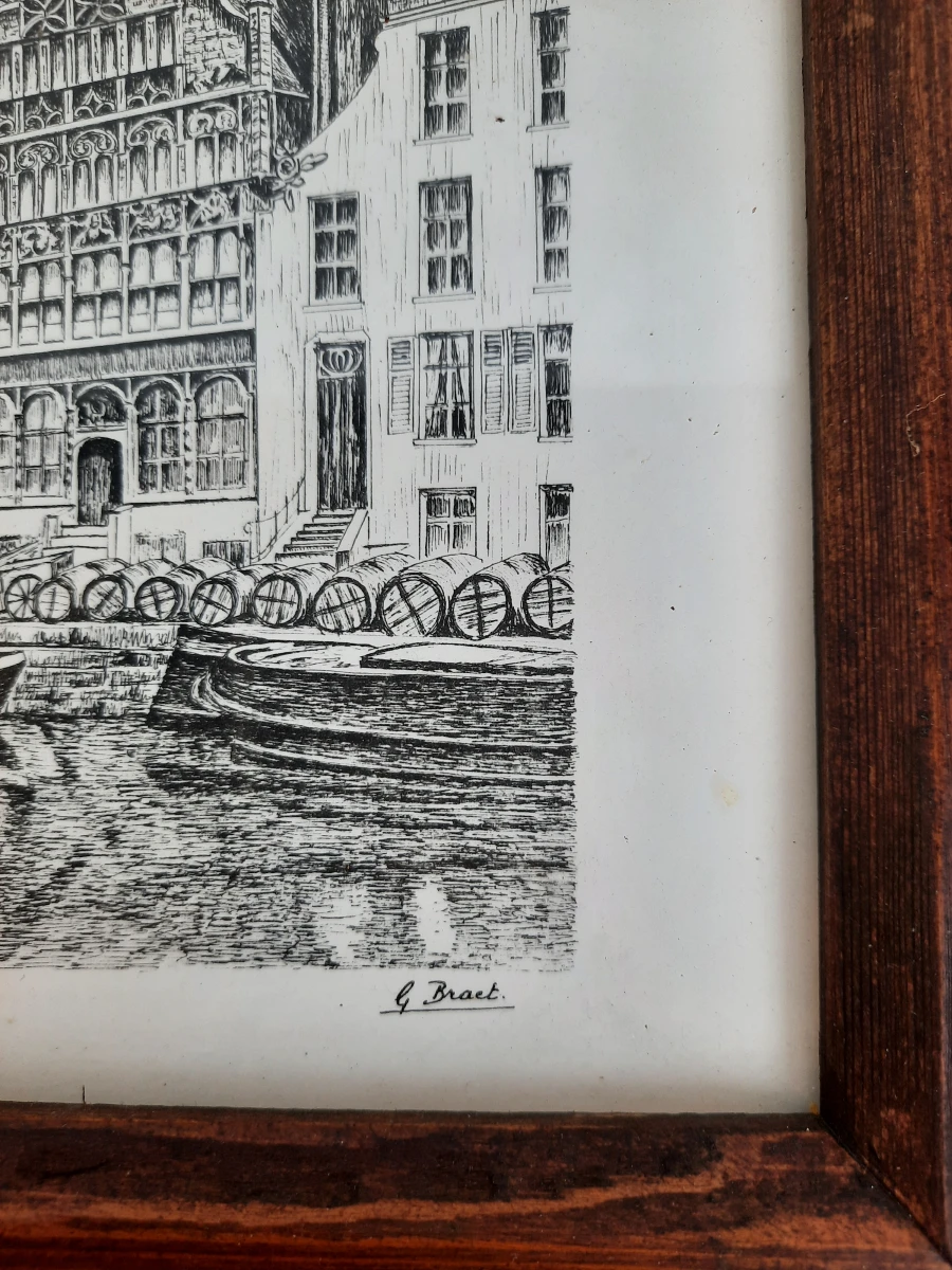 Ingelijste Penteekening / Ets "Graslei Gent 1918" – G. Braet – Vintage