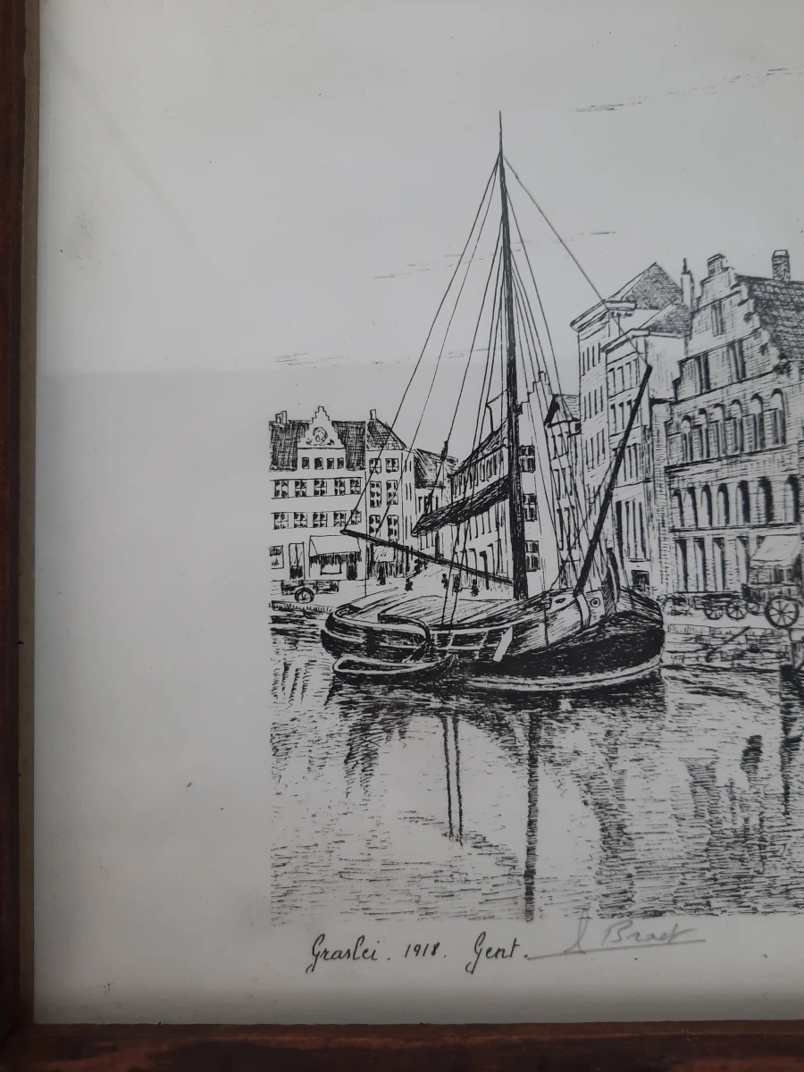 Ingelijste Penteekening / Ets "Graslei Gent 1918" – G. Braet – Vintage