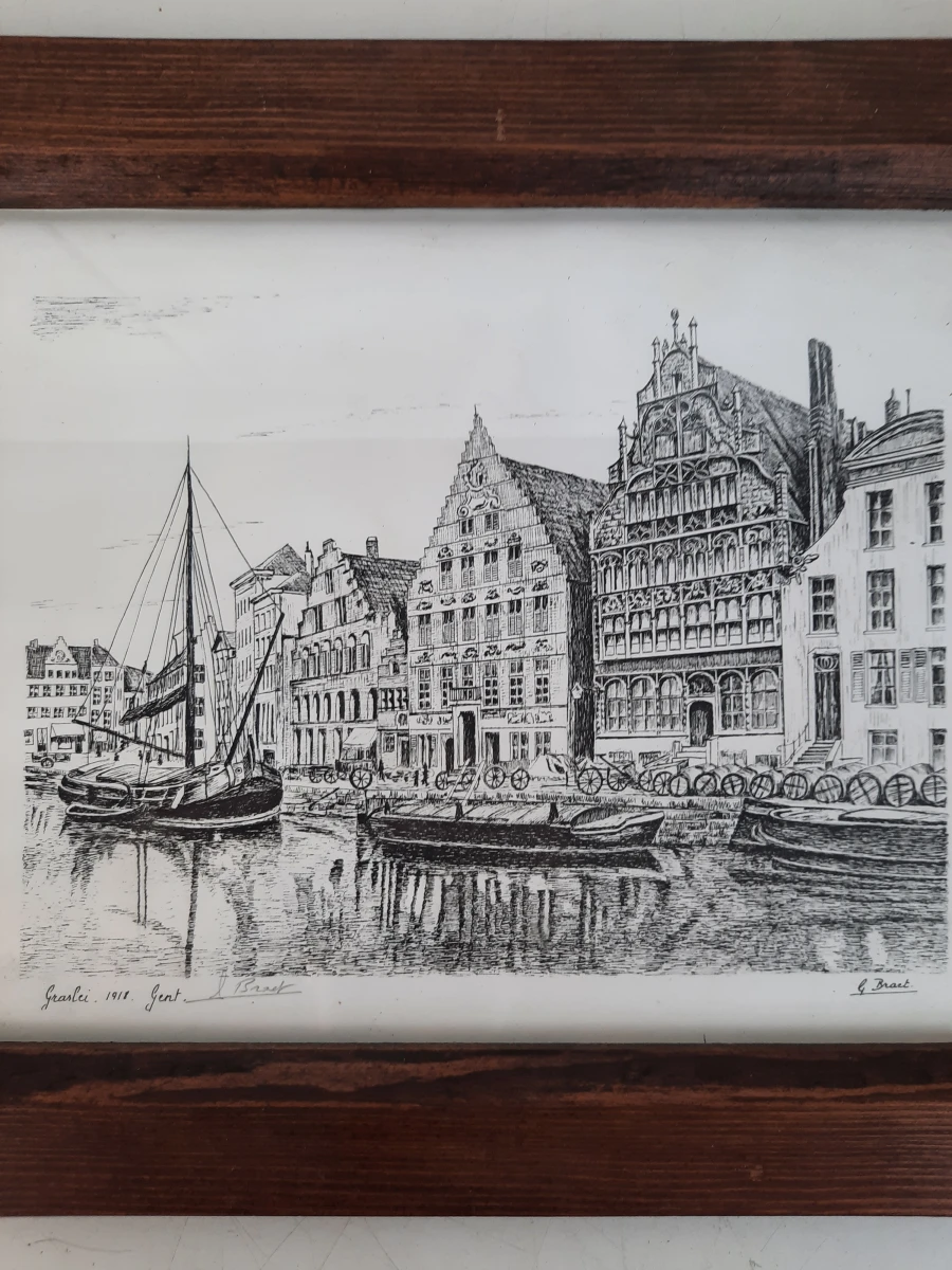 Ingelijste Penteekening / Ets "Graslei Gent 1918" – G. Braet – Vintage