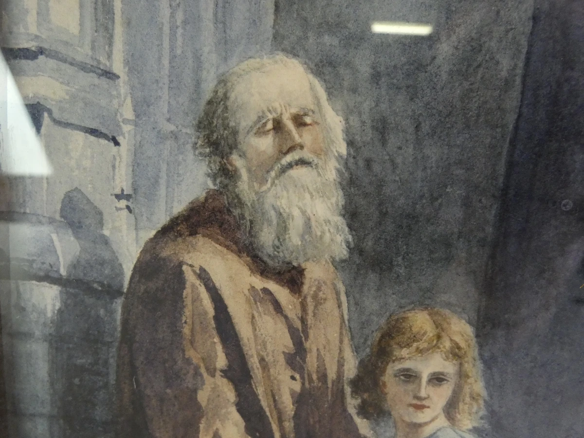 Gesigneerde aquarel "L'Aveugle" (De Blinde Bedelaar) - Louise de Melotte, 1898 - vergulde lijst - foto 2