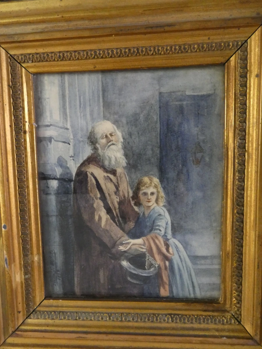 Gesigneerde aquarel "L'Aveugle" (De Blinde Bedelaar) - Louise de Melotte, 1898 - vergulde lijst - foto 3