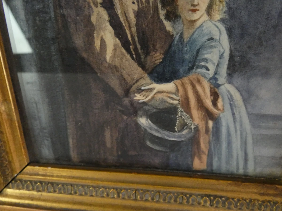 Gesigneerde aquarel "L'Aveugle" (De Blinde Bedelaar) - Louise de Melotte, 1898 - vergulde lijst - foto 4