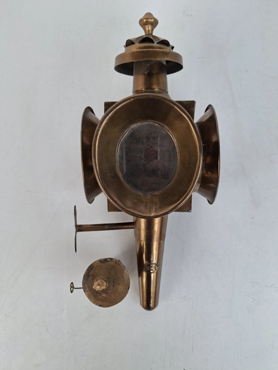 Unieke Antieke Koperen Koetslamp met Originele Brander – Gestempeld MCT