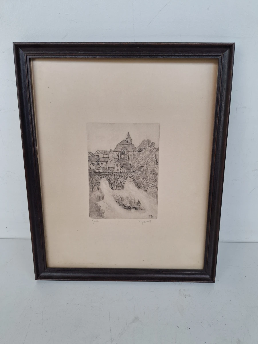 Originele Gelimiteerde Ets Dorpsgezicht met Brug – Handgesigneerd Migné (1981 - Oplage 6/60)