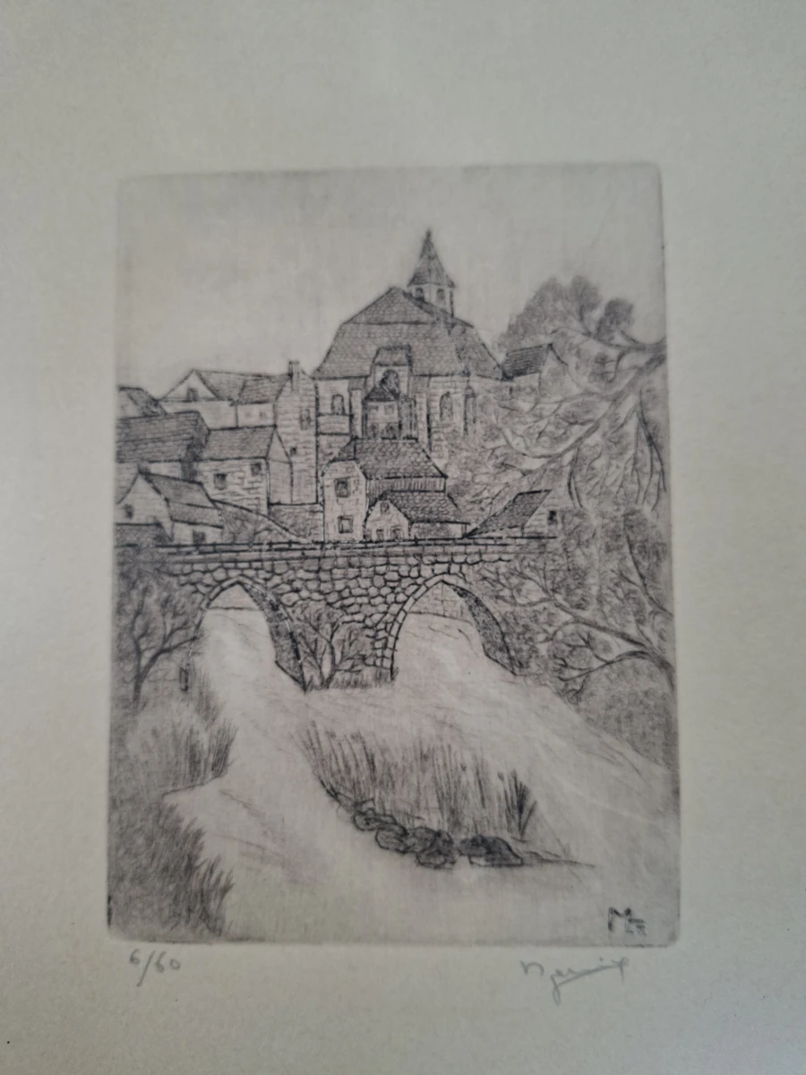 Originele Gelimiteerde Ets Dorpsgezicht met Brug – Handgesigneerd Migné (1981 - Oplage 6/60)