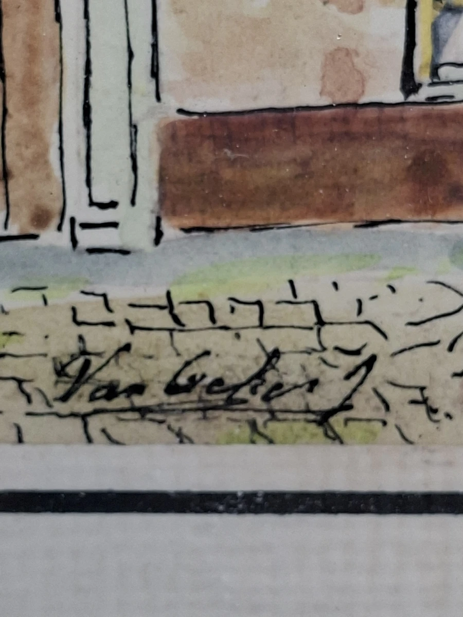 Ingelijste Aquarel door Van Geker – Historisch Begijnhof / Dorpsgezicht - foto 2