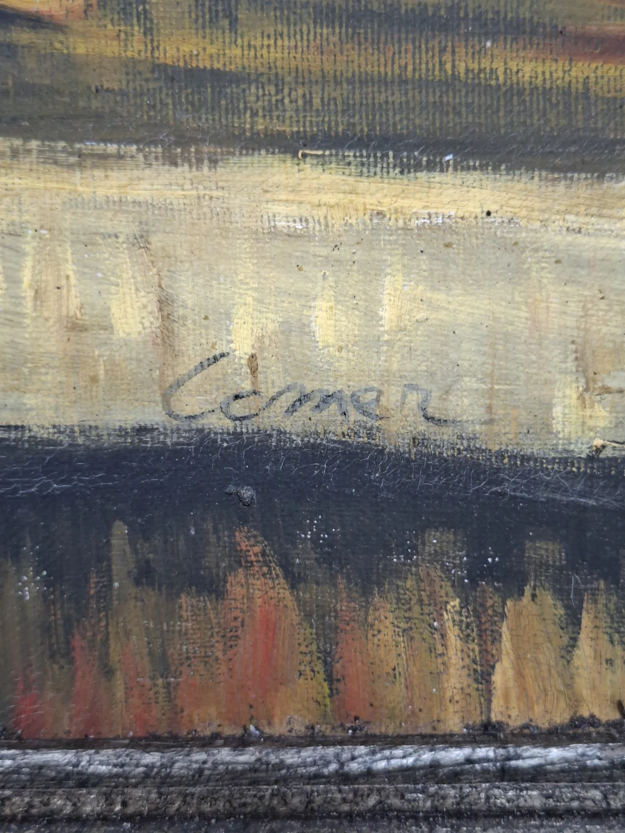 Vintage Olieverfschilderij "Zonnebloemen in Vaas" – Gesigneerd en Inclusief Klassieke Houten Lijst - foto 2