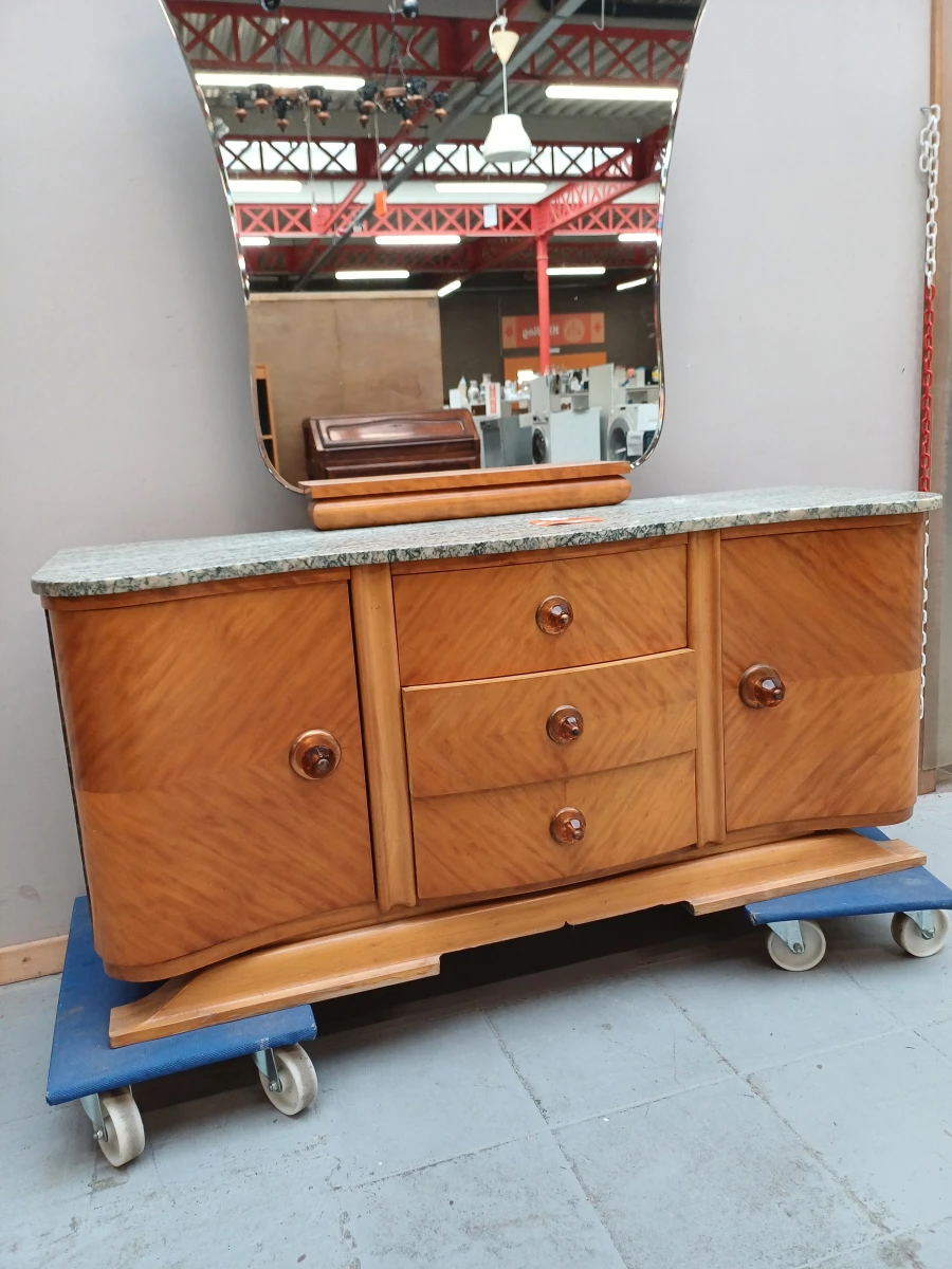 Authentiek Art Deco Dressoir / Kaptafel met Marmeren Blad en Spiegel – Jaren 30/40 - foto 2