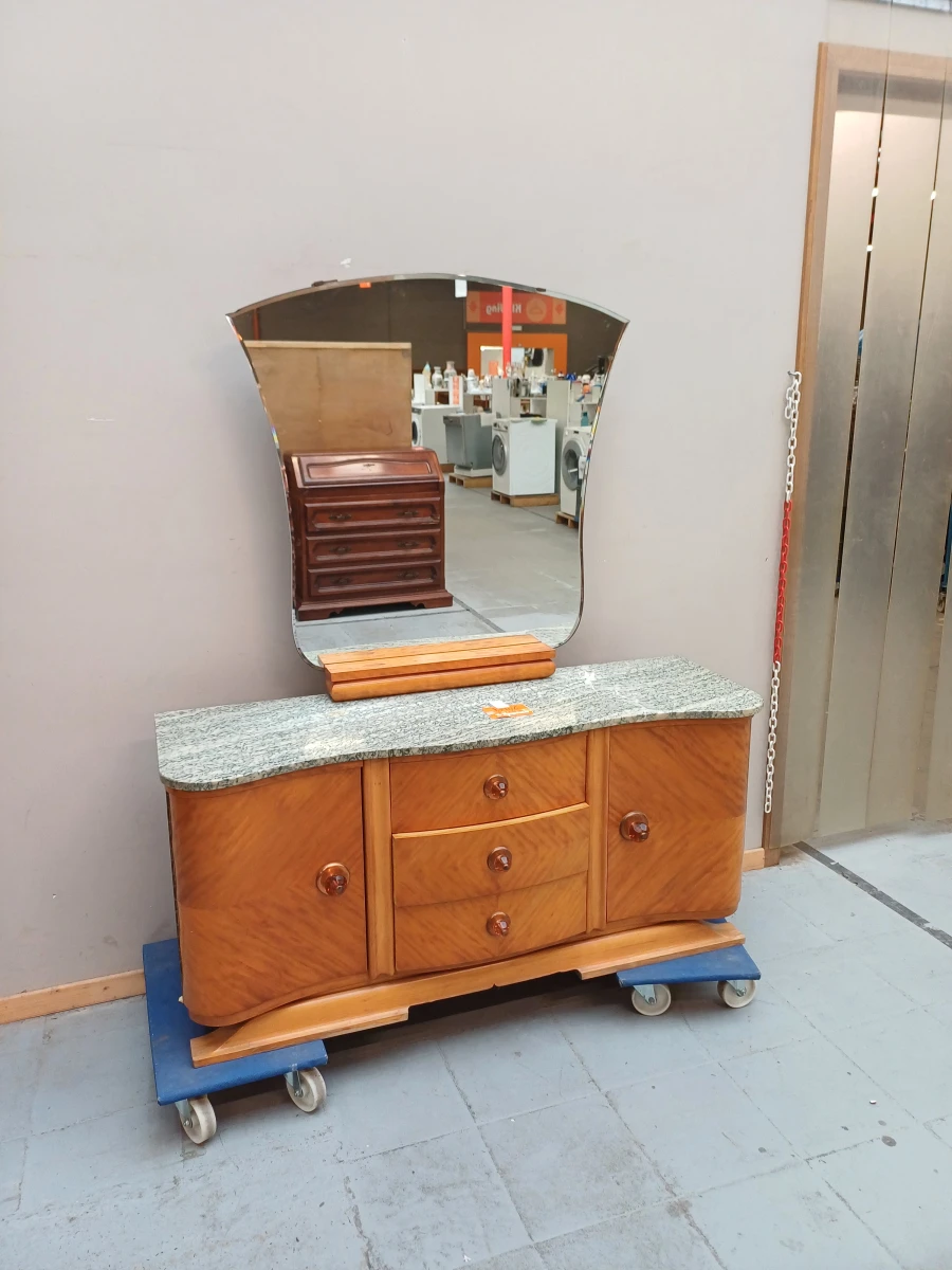 Authentiek Art Deco Dressoir / Kaptafel met Marmeren Blad en Spiegel – Jaren 30/40 - foto 1