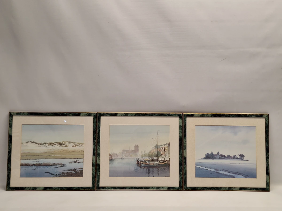 Set van 3 ingelijste landschapsprints / reproducties door Gerrit Neven - nederlandse kust-, duin- en stadsgezichten - foto 2