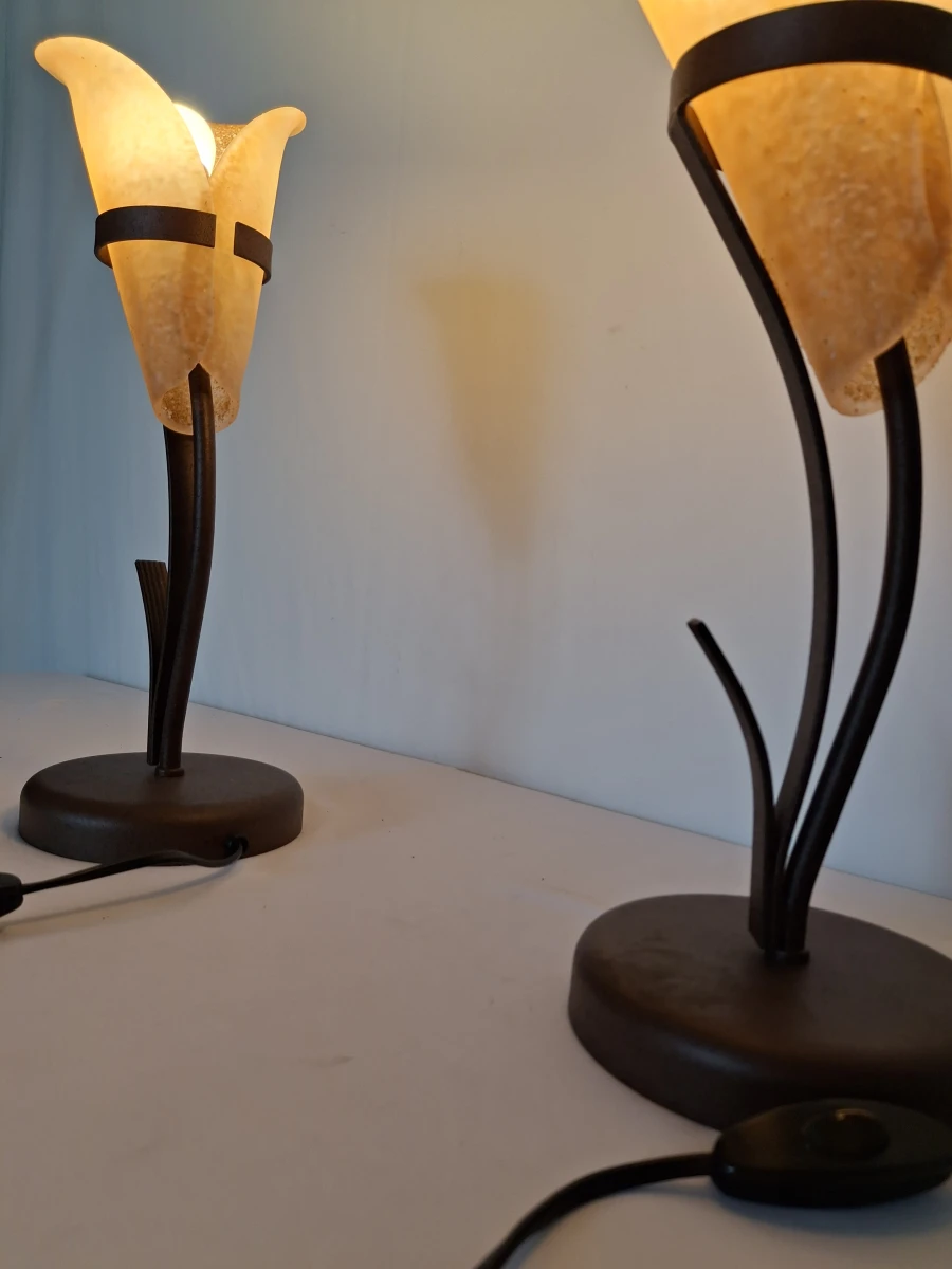 Set van 2 decoratieve tafellampen met amberkleurige glazen kappen - foto 6