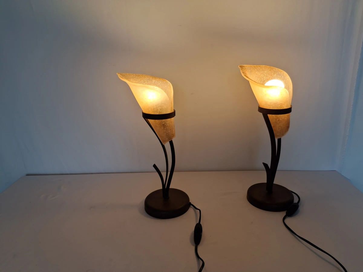 Set van 2 decoratieve tafellampen met amberkleurige glazen kappen - foto 4