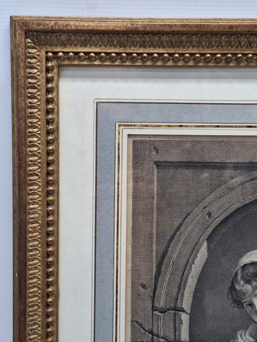 Antieke Gravure na Jean-Baptiste Greuze door Carlo Antonio Porporati - "Dédié à Le Duc de Choiseul" (kind met hondje) - foto 8