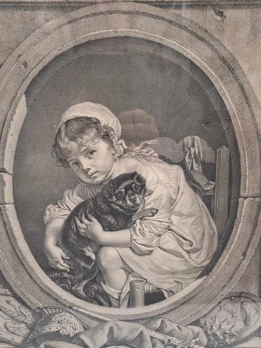 Antieke Gravure na Jean-Baptiste Greuze door Carlo Antonio Porporati - "Dédié à Le Duc de Choiseul" (kind met hondje) - foto 3