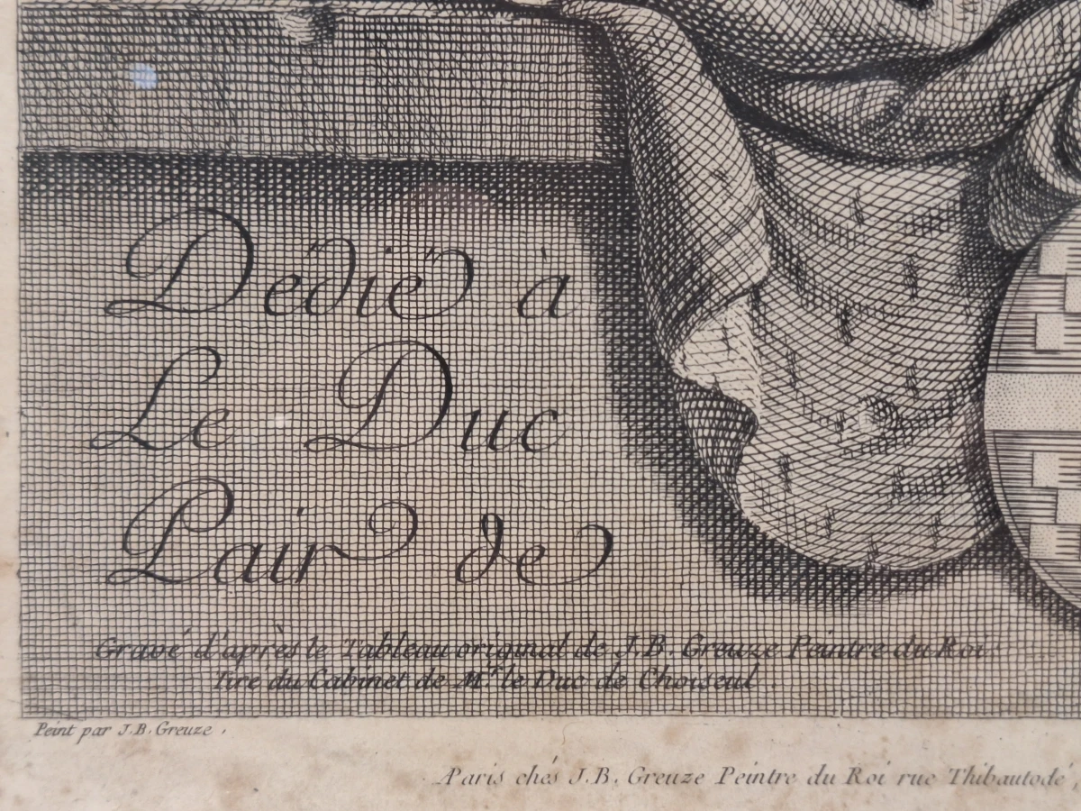 Antieke Gravure na Jean-Baptiste Greuze door Carlo Antonio Porporati - "Dédié à Le Duc de Choiseul" (kind met hondje) - foto 11