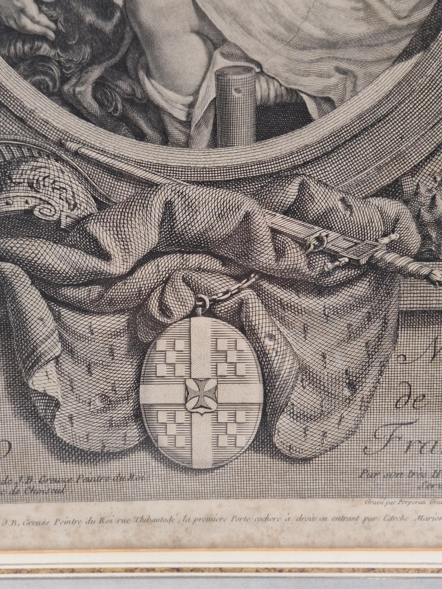Antieke Gravure na Jean-Baptiste Greuze door Carlo Antonio Porporati - "Dédié à Le Duc de Choiseul" (kind met hondje) - foto 6