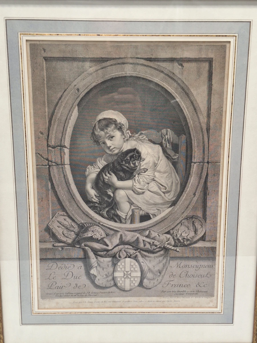 Antieke Gravure na Jean-Baptiste Greuze door Carlo Antonio Porporati - "Dédié à Le Duc de Choiseul" (kind met hondje) - foto 2