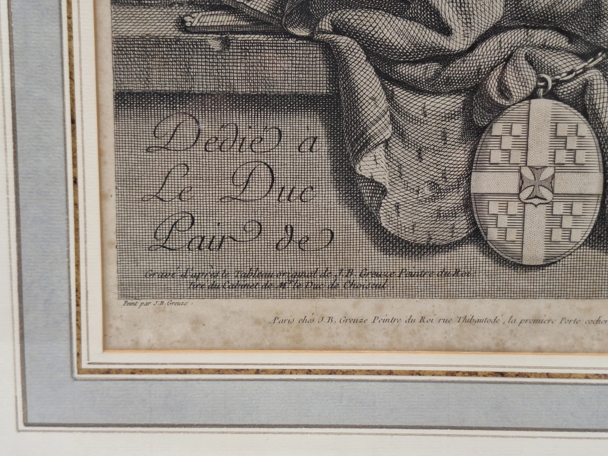 Antieke Gravure na Jean-Baptiste Greuze door Carlo Antonio Porporati - "Dédié à Le Duc de Choiseul" (kind met hondje) - foto 4