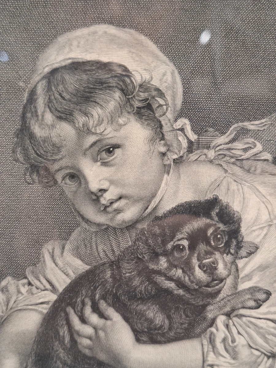 Antieke Gravure na Jean-Baptiste Greuze door Carlo Antonio Porporati - "Dédié à Le Duc de Choiseul" (kind met hondje) - foto 7