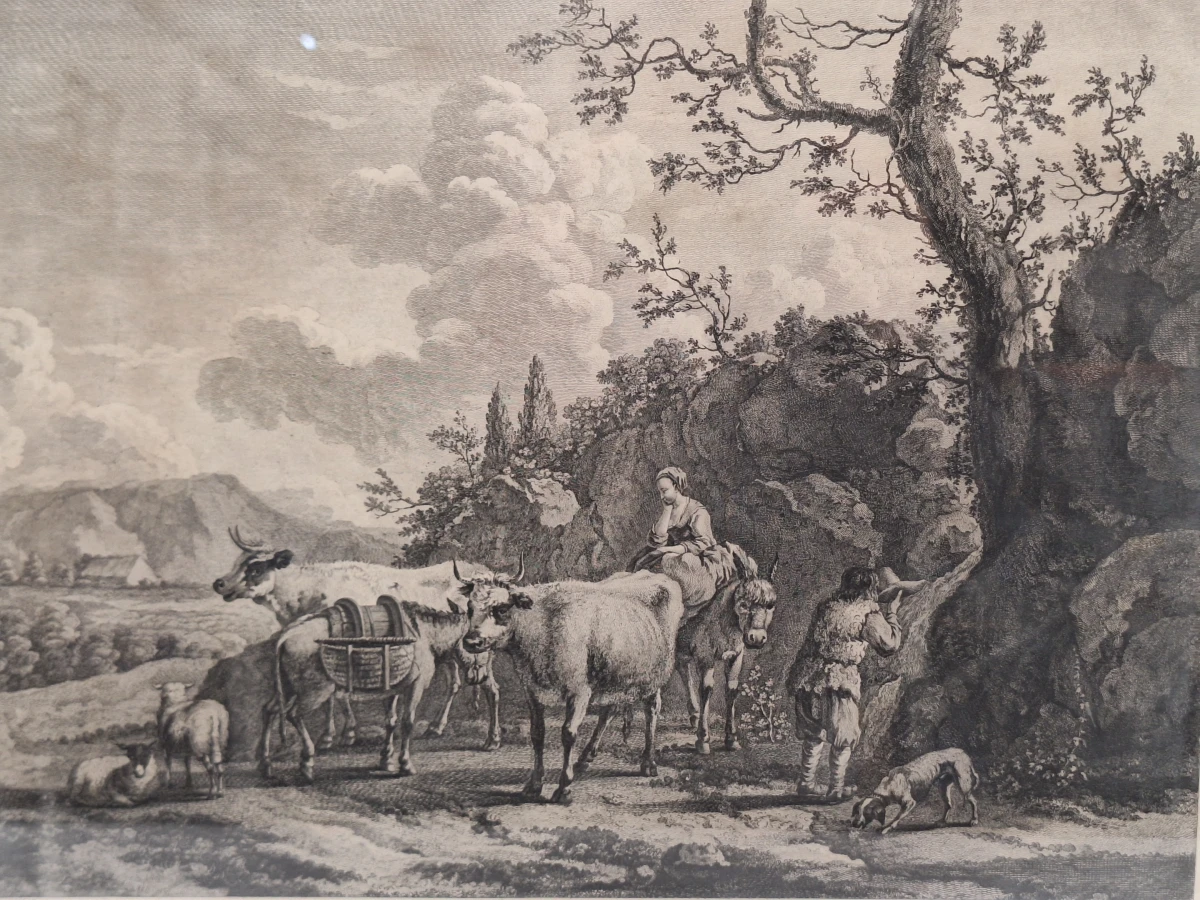 Antieke gravure naar Adriaen van de Velde door François Basan - "Le retour des champs" (Het terugkeren van de velden) - foto 3
