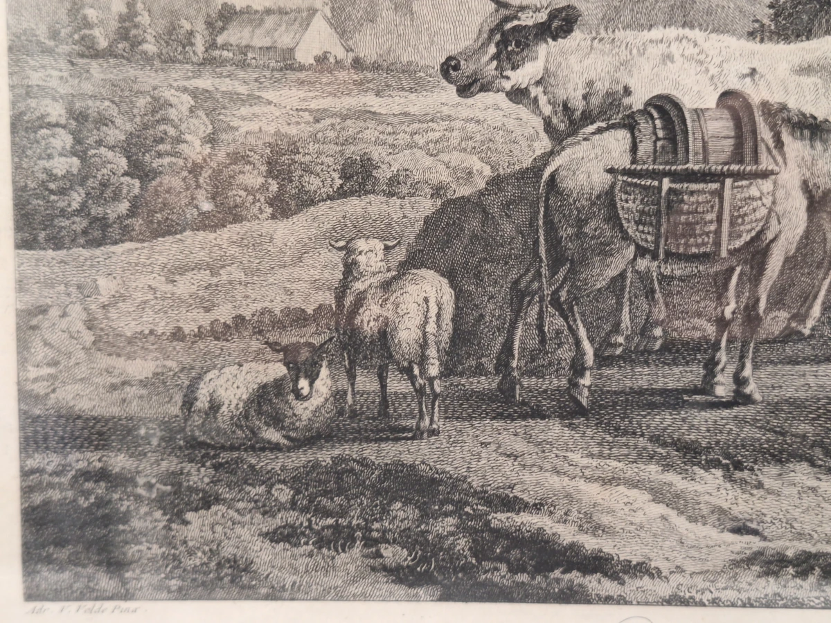 Antieke gravure naar Adriaen van de Velde door François Basan - "Le retour des champs" (Het terugkeren van de velden) - foto 7