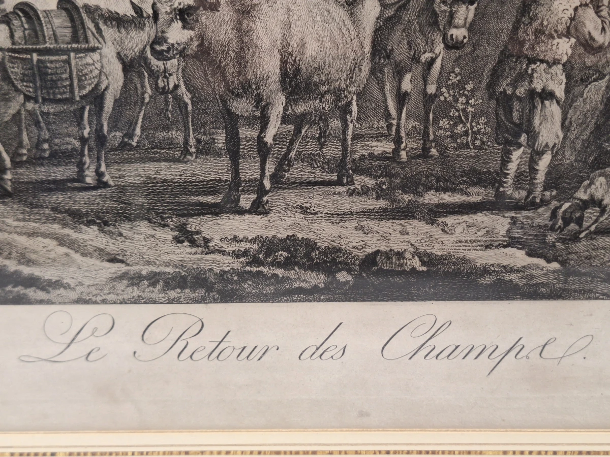 Antieke gravure naar Adriaen van de Velde door François Basan - "Le retour des champs" (Het terugkeren van de velden) - foto 4