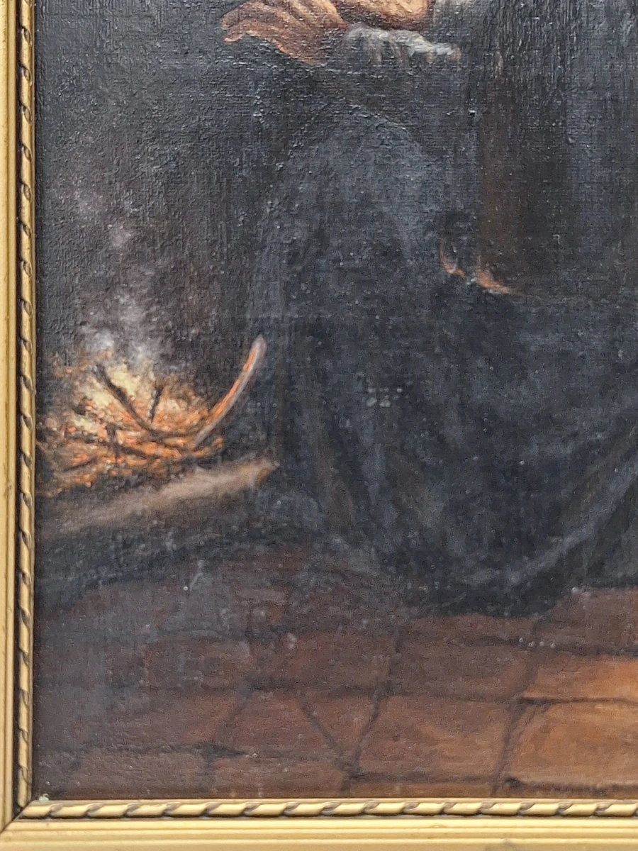 Antiek olieverfschilderij op doek - "oude vrouw bij de haard" - gesigneerd F. Serras - foto 3