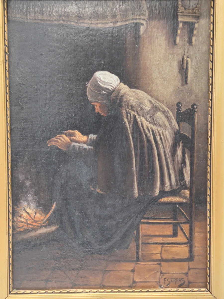 Antiek olieverfschilderij op doek - "oude vrouw bij de haard" - gesigneerd F. Serras - foto 2