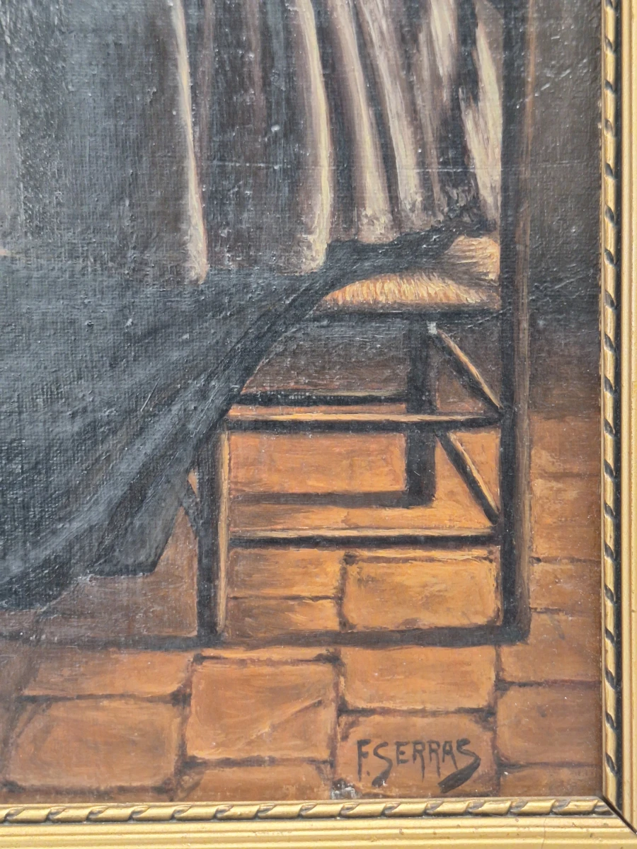 Antiek olieverfschilderij op doek - "oude vrouw bij de haard" - gesigneerd F. Serras - foto 5