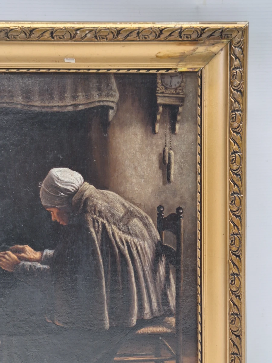 Antiek olieverfschilderij op doek - "oude vrouw bij de haard" - gesigneerd F. Serras - foto 9