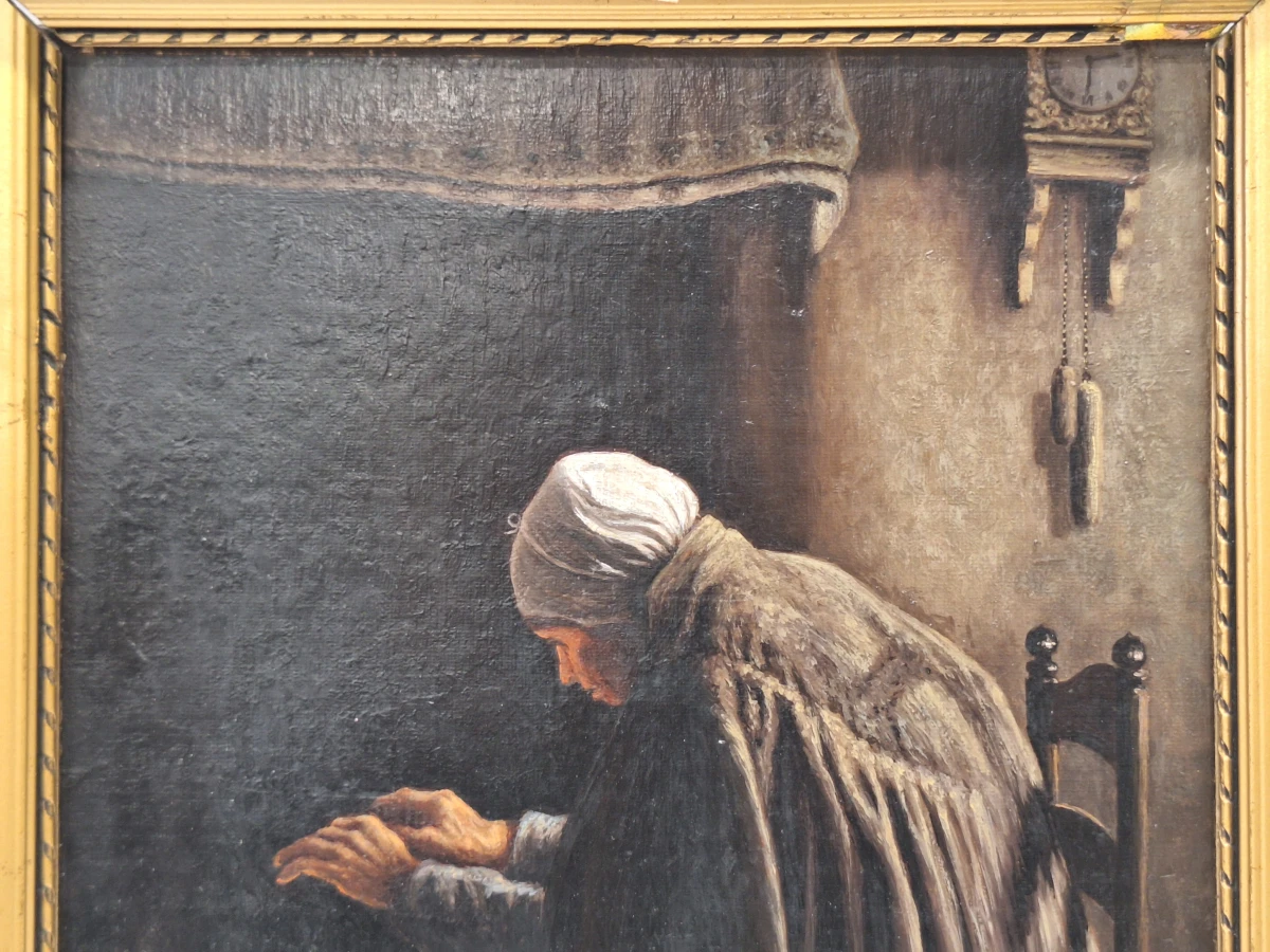 Antiek olieverfschilderij op doek - "oude vrouw bij de haard" - gesigneerd F. Serras - foto 7