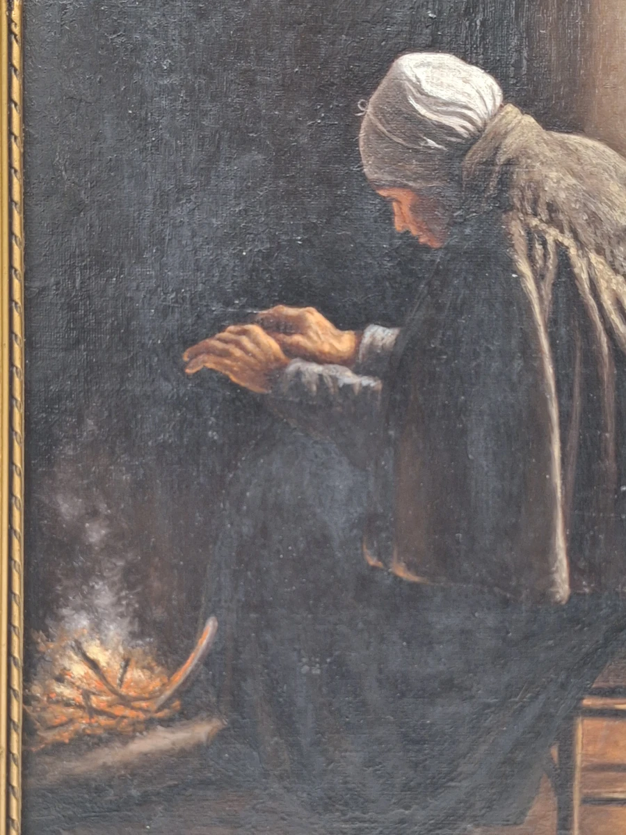 Antiek olieverfschilderij op doek - "oude vrouw bij de haard" - gesigneerd F. Serras - foto 8