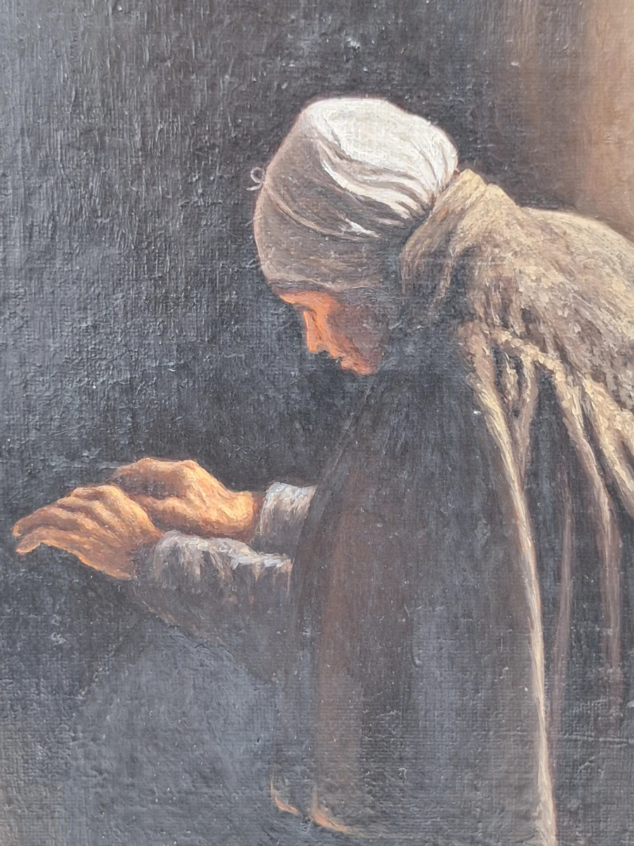 Antiek olieverfschilderij op doek - "oude vrouw bij de haard" - gesigneerd F. Serras - foto 4
