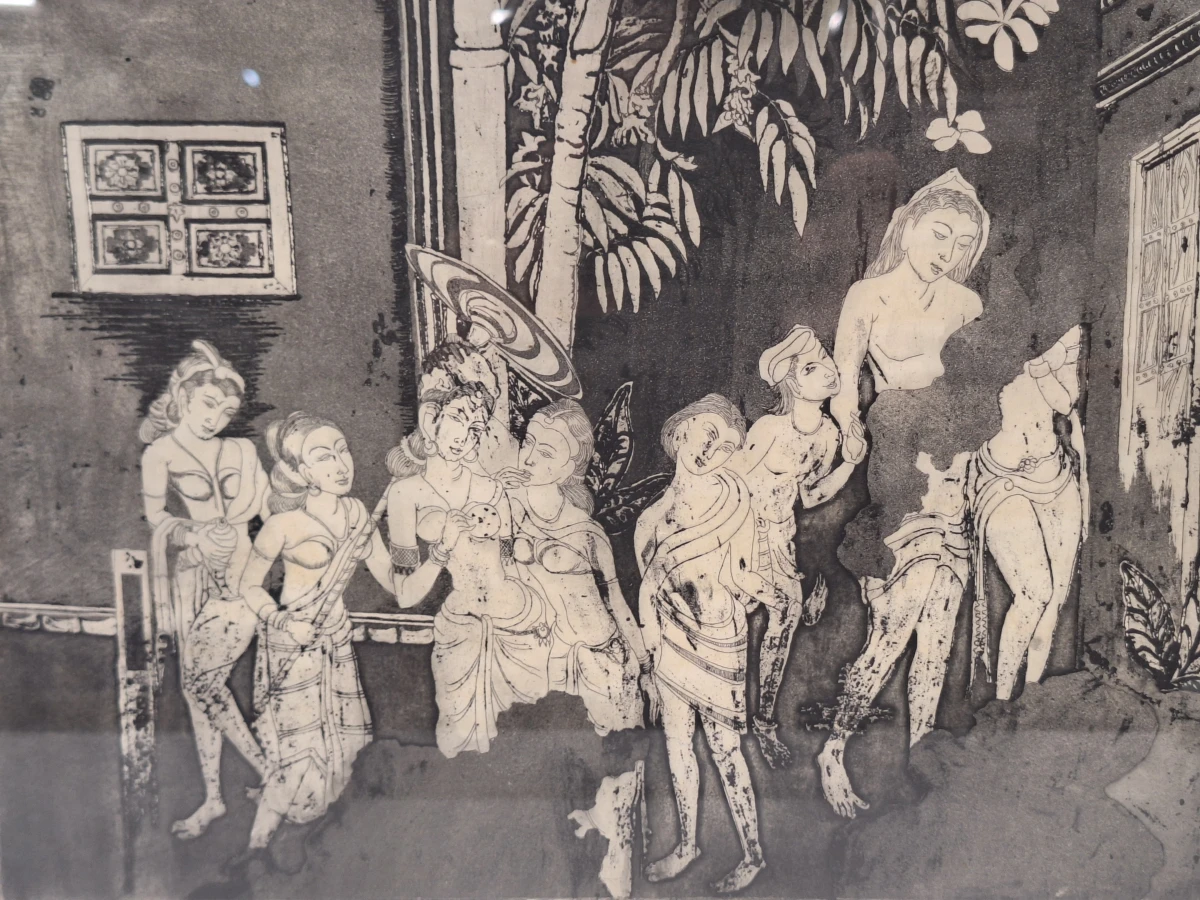 Authentieke Indische/Aziatische ets / grafiek  - "klassiek figuratief tafereel" - A. Dutta (1974) - foto 2