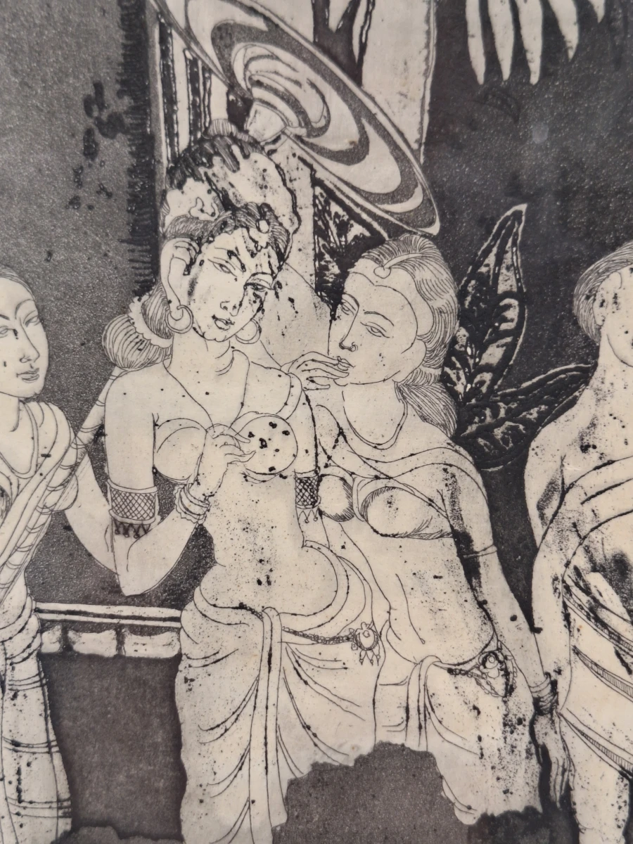 Authentieke Indische/Aziatische ets / grafiek  - "klassiek figuratief tafereel" - A. Dutta (1974) - foto 5