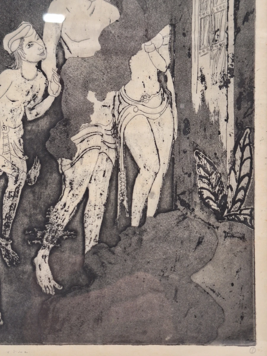 Authentieke Indische/Aziatische ets / grafiek  - "klassiek figuratief tafereel" - A. Dutta (1974) - foto 6
