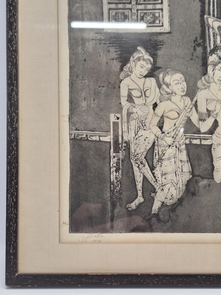 Authentieke Indische/Aziatische ets / grafiek  - "klassiek figuratief tafereel" - A. Dutta (1974) - foto 7