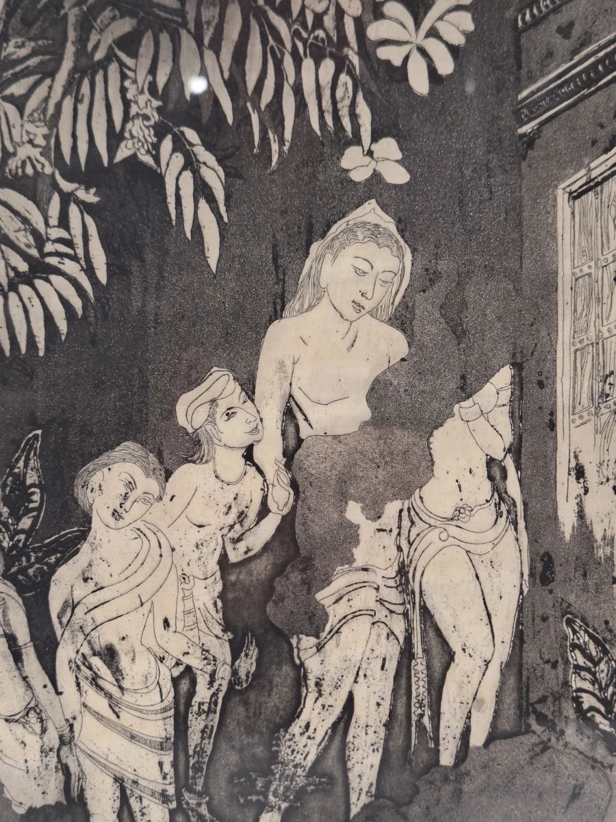 Authentieke Indische/Aziatische ets / grafiek  - "klassiek figuratief tafereel" - A. Dutta (1974) - foto 4