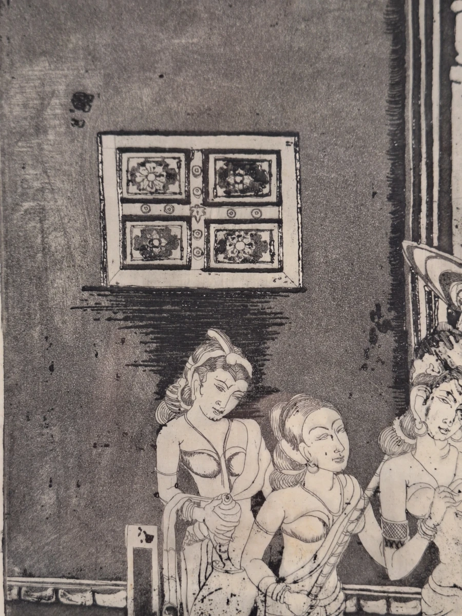 Authentieke Indische/Aziatische ets / grafiek  - "klassiek figuratief tafereel" - A. Dutta (1974) - foto 3