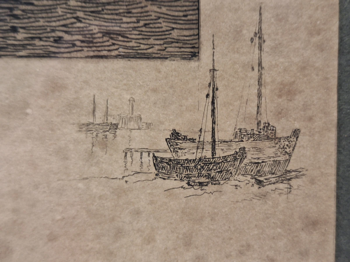 Gesigneerde ets met remarque - Vissersboten bij maanlicht - Émile Humblot - foto 7