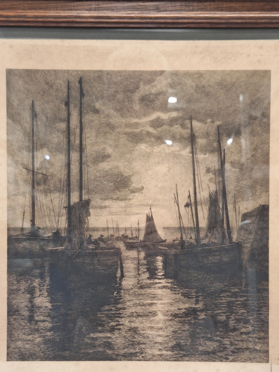 Gesigneerde ets met remarque - Vissersboten bij maanlicht - Émile Humblot - foto 2