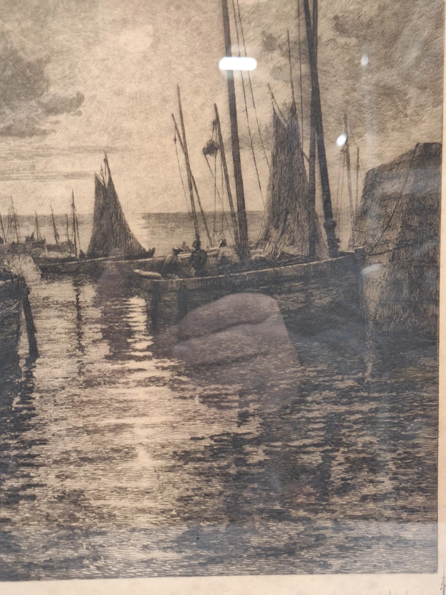 Gesigneerde ets met remarque - Vissersboten bij maanlicht - Émile Humblot - foto 6