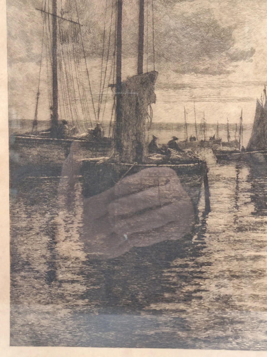 Gesigneerde ets met remarque - Vissersboten bij maanlicht - Émile Humblot - foto 3