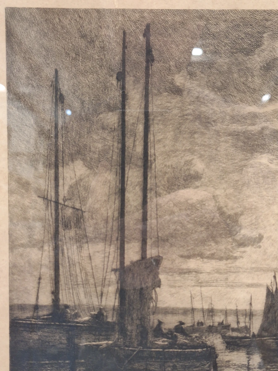 Gesigneerde ets met remarque - Vissersboten bij maanlicht - Émile Humblot - foto 4