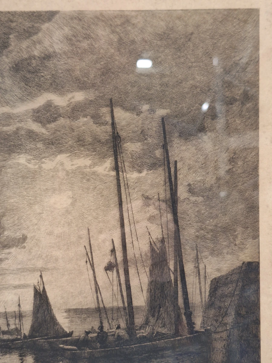 Gesigneerde ets met remarque - Vissersboten bij maanlicht - Émile Humblot - foto 5