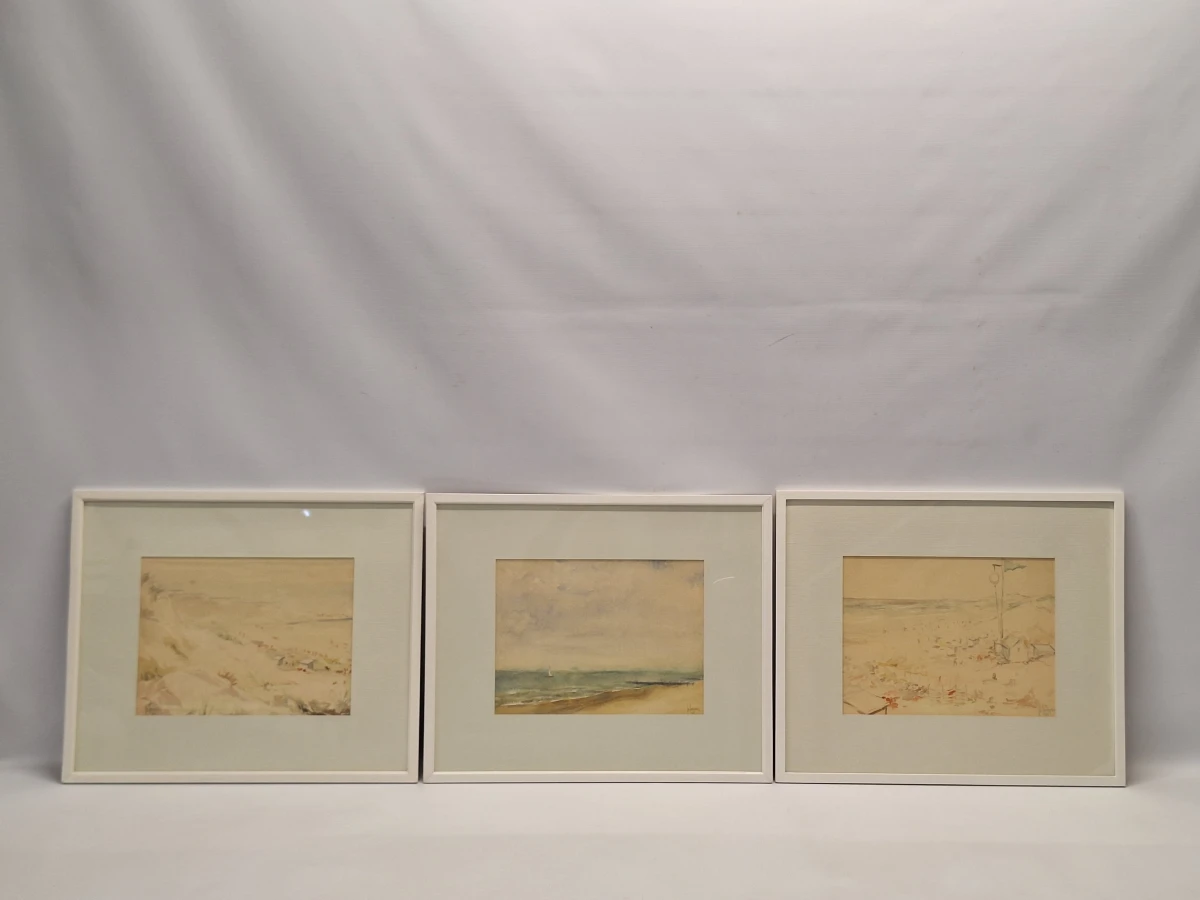 Set van 4 antieke/vintage aquarellen - kust, duinen en bos - gesigneerd Th. Tavernier (1962-1964) - foto 2