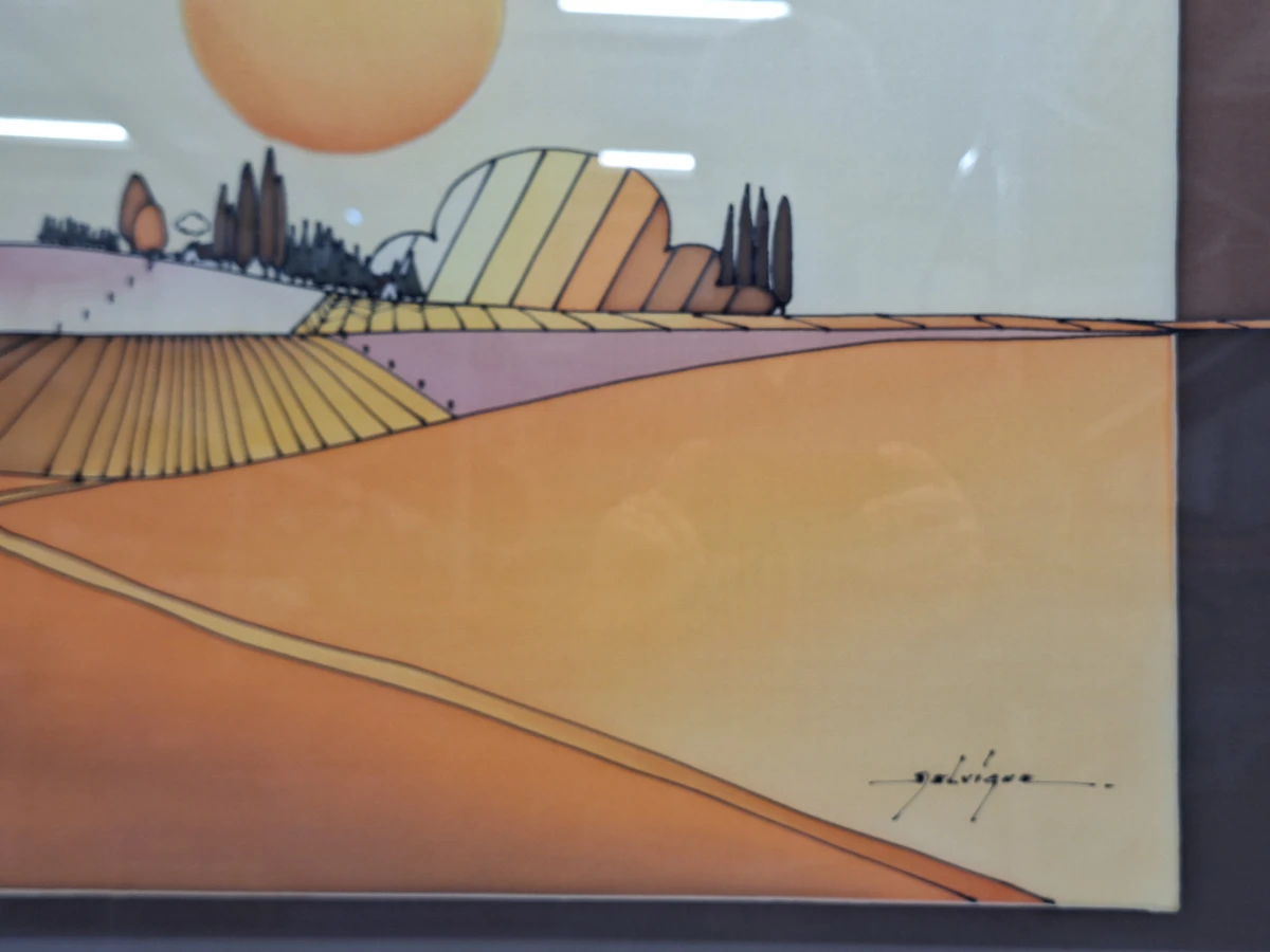 Vintage stilistisch landschap "Ondergaande zon over velden" - gesigneerd Galvique - foto 6