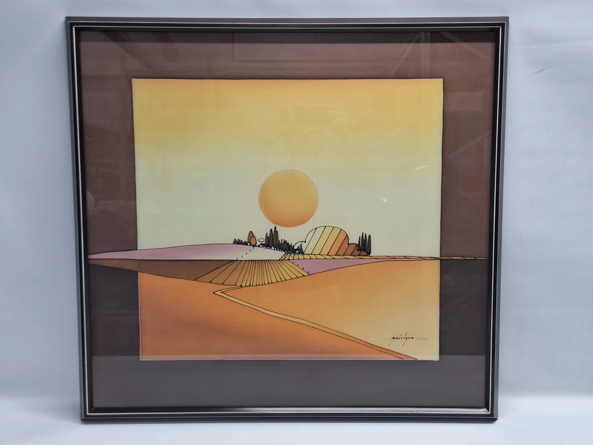 Vintage stilistisch landschap "Ondergaande zon over velden" - gesigneerd Galvique - foto 2